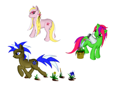 Size: 2922x2052 | Tagged: safe, artist:runic-scribe, imported from derpibooru, daisy, flower wishes, lily, lily valley, roseluck, oc, oc:orchid, oc:snapdragon, oc:wild flower, earth pony, earth pony oc, flower, flower in hair, flower trio, looking back, looking down, watering can