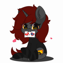 Size: 480x480 | Tagged: safe, artist:yomechka, artist:yourmeow, imported from derpibooru, part of a set, oc, oc only, oc:ember stone, pony, unicorn, animated, canada, clothes, commission, cute, female, gif, heart, hoodie, mare, mouth hold, norway, simple background, sitting, socks, solo, striped socks, tail wag, white background, ych animation, ych result, your character here
