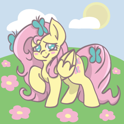 Size: 1000x1000 | Tagged: safe, artist:essehm2u, imported from derpibooru, fluttershy, butterfly, pegasus, pony, blush sticker, blushing, cute, female, flower, folded wings, grass, hair accessory, looking at you, mare, no pupils, outdoors, raised hoof, shyabetes, sky, smiling, solo, standing, sun, three quarter view, wings