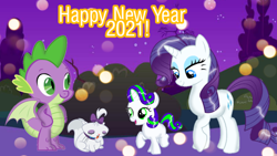 Size: 1280x720 | Tagged: safe, artist:mlplary6, edit, edited screencap, imported from derpibooru, screencap, rarity, spike, oc, oc:pearl, dracony, dragon, hybrid, pony, 2021, base used, family, female, happy new year, happy new year 2021, holiday, interspecies offspring, male, new year, not a vector, offspring, parent:rarity, parent:spike, parents:sparity, shipping, sparity, straight, winged spike, wings