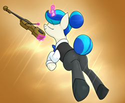 Size: 2613x2148 | Tagged: safe, artist:moonatik, imported from derpibooru, dj pon-3, vinyl scratch, pony, unicorn, abstract background, alternate clothes, alternate costumes, alternate hairstyle, bowtie, clothes, eyes closed, female, hair bun, levitation, magic, mare, musical instrument, out of character, playing instrument, shirt, shoes, smiling, solo, tail bun, telekinesis, underhoof, vinyl class, violin, waistcoat