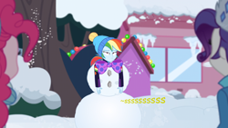 Size: 960x542 | Tagged: safe, artist:thedarkpony, edit, edited screencap, imported from derpibooru, screencap, pinkie pie, rainbow dash, rarity, equestria girls, equestria girls series, holidays unwrapped, spoiler:eqg series (season 2), clothes, female, implied pissing, implied urine, implied wetting, onomatopoeia, saving pinkie's pie, snowman, winter outfit