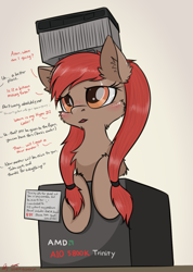Size: 1057x1486 | Tagged: safe, artist:orang111, edit, imported from derpibooru, oc, oc only, oc:a-10, oc:trinity, object pony, original species, pony, amd, blushing, box, chest fluff, computer, cooler, cooling fan, cpu, cpu pony, dialogue, ear fluff, eyelashes, female, freckles, long hair, mare, offscreen character, ponified, price tag, sad, signature, solo, talking, translation