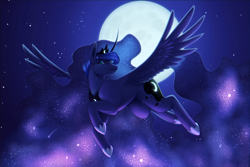 Size: 7500x5000 | Tagged: safe, artist:mittz-the-trash-lord, imported from derpibooru, princess luna, alicorn, pony, absurd file size, absurd resolution, chromatic aberration, crown, ethereal mane, female, flying, full moon, galaxy mane, jewelry, mare, moon, night, night sky, redraw, regalia, sky, solo, spread wings, starry night, stars, wings