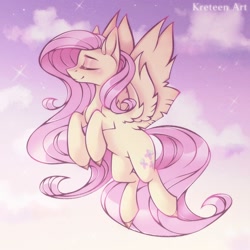 Size: 2000x2000 | Tagged: safe, artist:artkreteen, artist:kreteen art, imported from derpibooru, fluttershy, pegasus, pony, cloud, colored hooves, cute, eyes closed, female, flying, high res, mare, profile, shyabetes, sky, sky background, smiling, solo, spread wings, stars, wings