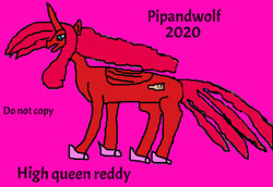 Size: 1077x742 | Tagged: safe, artist:pipandwolf, imported from derpibooru, oc, oc:high queen reddy, alicorn, pony, 1000 hours in ms paint, 2020, alicorn oc, donut steel, horn, magenta background, original character do not steal, wings