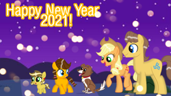 Size: 1280x720 | Tagged: safe, artist:mlplary6, imported from derpibooru, applejack, caramel, oc, oc:apple honey, oc:apple sweet, 2021, carajack, family, female, filly, happy new year, happy new year 2021, holiday, male, offspring, parent:applejack, parent:caramel, parents:carajack, shipping, straight