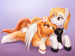 Size: 1024x768 | Tagged: safe, artist:novaintellus, imported from derpibooru, oc, oc only, oc:serenity, oc:white feather, pegasus, pony, female, flower, flower in hair, hug, jewelry, lidded eyes, lying down, male, mare, married couple, necklace, oc x oc, open mouth, ring, serenither, shipping, smiling, stallion, straight, wedding ring, winghug