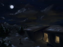 Size: 4000x3000 | Tagged: safe, artist:rigbyh00ves, artist:th3ipodm0n, imported from derpibooru, pony, full moon, house, moon, mountain, night, scenery, sitting, snow, solo, stars