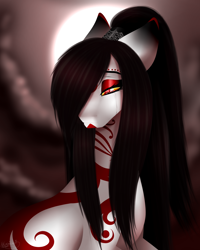 Size: 1600x2000 | Tagged: safe, artist:minelvi, imported from derpibooru, oc, oc only, earth pony, pony, bedroom eyes, bust, cloud, earth pony oc, eyelashes, female, full moon, hair over one eye, makeup, mare, moon, outdoors, solo, tattoo