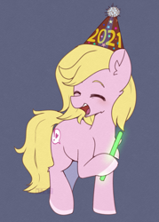 Size: 1289x1800 | Tagged: safe, artist:puetsua, imported from derpibooru, oc, oc only, earth pony, pony, 2021, commission, ear fluff, eyes closed, female, glowstick, happy new year 2021, hat, mare, open mouth, party hat, smiling, solo
