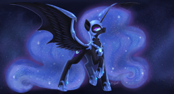 Size: 2384x1300 | Tagged: safe, artist:evedizzy26, imported from derpibooru, nightmare moon, alicorn, pony, armor, badass, beautiful, concave belly, ethereal mane, ethereal tail, female, galaxy mane, galaxy tail, helmet, large wings, lidded eyes, long legs, long mane, long tail, looking at you, majestic, mare, raised hoof, raised leg, signature, slim, solo, spread wings, starry mane, starry tail, tail, tall, thin, wing armor, wings