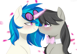 Size: 4093x2894 | Tagged: safe, artist:chickenbrony, artist:cottonaime, imported from derpibooru, dj pon-3, octavia melody, vinyl scratch, earth pony, pony, unicorn, bedroom eyes, blushing, boop, eye contact, female, heart eyes, lesbian, looking at each other, magic, noseboop, scratchtavia, shipping, simple background, wingding eyes