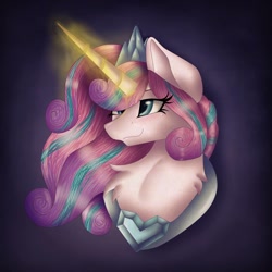 Size: 1080x1080 | Tagged: safe, artist:rxndxm.artist, imported from derpibooru, princess flurry heart, alicorn, pony, bust, eyelashes, female, glowing horn, horn, jewelry, mare, older, older flurry heart, peytral, smiling, solo, tiara