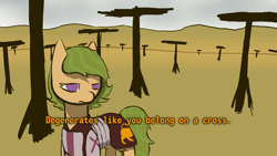 Size: 1920x1080 | Tagged: safe, artist:sunberry, imported from derpibooru, oc, oc only, oc:sunberry, earth pony, pony, armor, clothes, crucifix, crucifixion, desert, disgusted, fallout, fallout: new vegas, female, frown, green hair, meme, purple eyes, scenery, solo, text