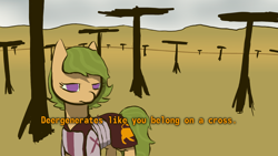 Size: 1920x1080 | Tagged: safe, alternate version, artist:sunberry, imported from derpibooru, oc, oc only, oc:sunberry, earth pony, pony, armor, clothes, crucifix, crucifixion, desert, disgusted, fallout, fallout: new vegas, female, frown, green hair, meme, purple eyes, racism, scenery, solo, text