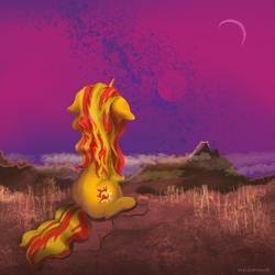 Size: 2048x2048 | Tagged: safe, artist:exploretheweb, imported from derpibooru, sunset shimmer, pony, unicorn, floppy ears, scenery, sitting, solo, sunset