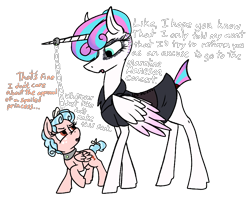 Size: 921x760 | Tagged: safe, artist:thebathwaterhero, imported from derpibooru, cozy glow, princess flurry heart, alicorn, pegasus, chains, collar, dialogue, female, filly, goth, horn, horn ring, jewelry, princess emo heart, ring, simple background, teenage flurry heart, teenager, text, transparent background