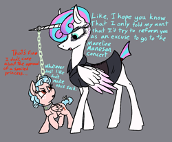 Size: 921x760 | Tagged: safe, alternate version, artist:thebathwaterhero, imported from derpibooru, cozy glow, princess flurry heart, alicorn, pegasus, chains, collar, dialogue, female, filly, goth, gray background, horn, horn ring, jewelry, princess emo heart, ring, simple background, teenage flurry heart, teenager, text