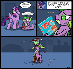 Size: 2342x2218 | Tagged: safe, artist:n-o-n, imported from derpibooru, spike, twilight sparkle, alicorn, pony, abuse, birthday, comic, crying, dead inside, game, hoop head, present, sad, sitting, spikeabuse, twilight sparkle (alicorn)