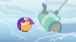 Size: 1280x720 | Tagged: safe, imported from derpibooru, screencap, scootaloo, pony, parental glideance, cloud, derp, helmet, lawn mower, out of context, solo, wavy mouth