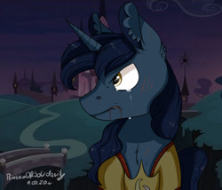 Size: 1280x1098 | Tagged: safe, artist:princessesmeraldaofficial, imported from derpibooru, night light, pony, unicorn, armor, building, crying, ear fluff, looking at something, male, night, outdoors, signature, solo, stallion