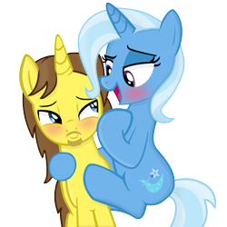 Size: 1739x1739 | Tagged: safe, artist:grapefruitface1, imported from derpibooru, trixie, oc, oc:grapefruit face, pony, unicorn, base used, bedroom eyes, blushing, canon x oc, clinging, female, grapexie, hoof on chest, hug, looking at each other, male, shipping, show accurate, simple background, straight, transparent background