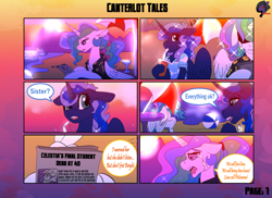 Size: 1186x864 | Tagged: safe, artist:brainiac, derpibooru exclusive, imported from derpibooru, princess celestia, princess luna, oc, oc:bright spark, comic:canterlot tales, alcohol, clothes, comic, crying, hawaiian shirt, newspaper, sad, shirt, soda, text, wine