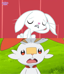 Size: 1276x1486 | Tagged: safe, imported from ponybooru, screencap, angel bunny, rabbit, scorbunny, a bird in the hoof, animal, comparison, ears, eyes closed, floppy ears, fluttershy's cottage, hand on face, indoors, logo, male, open mouth, outdoors, pokemon sword and shield, pokémon, solo