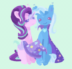 Size: 1280x1244 | Tagged: safe, artist:missusmousse, imported from derpibooru, starlight glimmer, trixie, pony, unicorn, animated, clothes, female, glowing horn, hat, heart eyes, horn, kissing, lesbian, shipping, startrix, trixie's hat, wingding eyes