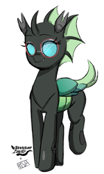 Size: 1391x2320 | Tagged: safe, artist:evan555alpha, artist:opossum_imoto, color edit, edit, imported from ponybooru, oc, oc only, oc:yvette (evan555alpha), changeling, changeling oc, colored, cute, dorsal fin, fangs, female, happy, raised leg, round glasses, signature, simple background, sketch, smiling, solo, transparent background