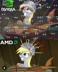 Size: 1030x1280 | Tagged: safe, artist:dvixie, edit, edited screencap, imported from ponybooru, screencap, derpy hooves, pegasus, pony, slice of life (episode), 1000 hours in gimp, amd, comparison, female, graphics quality, mare, meme, muffin 1, nvidia, plane, scene interpretation, shitposting, solo