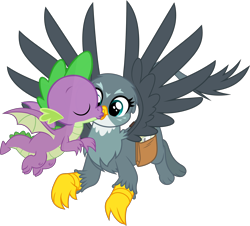 Size: 2568x2324 | Tagged: safe, artist:dashiesparkle, artist:dragonchaser123, edit, imported from derpibooru, gabby, spike, dragon, griffon, the fault in our cutie marks, .ai available, bag, cute, female, gabbybetes, kissing, kissy face, male, saddle bag, shipping, simple background, spabby, straight, transparent background, vector, winged spike, wings