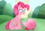 Size: 4093x2894 | Tagged: safe, artist:chickenbrony, artist:cottonaime, imported from derpibooru, pinkie pie, earth pony, pony, blushing, crossover, cute, grass, grass field, high res, kirby, kirby (character), kirby (series), puffball, rainbow, sitting, wingding eyes