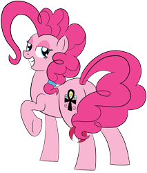 Size: 2249x2640 | Tagged: safe, artist:feralroku, derpibooru exclusive, imported from derpibooru, pinkie pie, oc, oc only, oc:giggles, earth pony, pony, derpibooru community collaboration, 2021 community collab, ankh, balloonbutt, bedroom eyes, behind, butt, clone, disguise, disguised changeling, irc, pincer, pinkie clone, plot, simple background, smiling, solo, transparent background