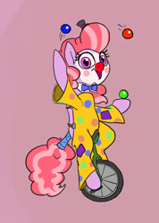 Size: 642x900 | Tagged: safe, artist:slamjam, imported from derpibooru, pony, clothes, clown, juggling, looking at you, open mouth, pink background, simple background, solo, unicycle