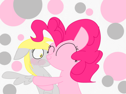 Size: 1024x768 | Tagged: safe, artist:crossovercartoons, imported from derpibooru, derpy hooves, pinkie pie, earth pony, pegasus, pony, big hair, blushing, circle, cute, derpabetes, derpypie, diapinkes, digital art, digital drawing, drawing, female, hug, hugging a pony, lesbian, shipping, small head, solo