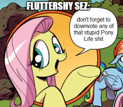 Size: 504x438 | Tagged: safe, edit, idw, imported from derpibooru, fluttershy, rainbow dash, pegasus, pony, advice, advice meme, bad advice fluttershy, bait, caption, comic, drama, exploitable meme, female, g4 purist, mare, meme, nature is so fascinating, obligatory pony, op can't let go, op has an opinion, op is a duck, op is a slowpoke, op is trying to start shit, op let it go, pony life drama, solo focus, swearing, text, vulgar