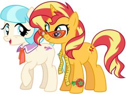 Size: 1024x768 | Tagged: safe, artist:emeraldblast63, imported from derpibooru, coco pommel, sunset shimmer, earth pony, pony, unicorn, cocobetes, cute, duo, female, glasses, mare, measuring tape, pincushion, shimmerbetes, simple background, transparent background