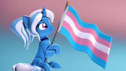 Size: 1920x1080 | Tagged: safe, artist:psfmer, imported from derpibooru, trixie, pony, unicorn, 3d, alternate hairstyle, babysitter trixie, clothes, cute, diatrixes, female, flag, gender headcanon, headcanon, hoodie, lgbt headcanon, ponytail, pride, pride flag, revamped ponies, sexuality headcanon, sitting, smiling, source filmmaker, trans female, trans trixie, transgender, transgender pride flag