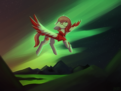 Size: 1800x1350 | Tagged: safe, artist:raya, imported from derpibooru, oc, oc only, oc:deepest apologies, pegasus, pony, aurora borealis, clothes, colored wings, flying, hoodie, mountain, mountain range, multicolored wings, night, smiling, solo, spread wings, wings