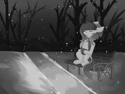 Size: 1800x1350 | Tagged: safe, artist:raya, imported from derpibooru, oc, oc only, oc:making amends, pony, bench, clothes, night, scarf, snow, snowfall, solo, tree