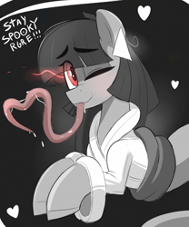 Size: 1049x1260 | Tagged: safe, artist:nignogs, imported from derpibooru, oc, oc only, oc:cherry blossom, ghost, ghost pony, pony, undead, clothes, female, glowing eyes, heart, long tongue, looking at you, mare, one eye closed, ponybooru import, reversed gender roles equestria, solo, text, tongue out, vaguely asian robe, wink
