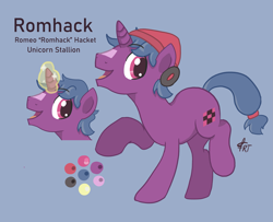 Size: 2843x2303 | Tagged: safe, artist:roachtoon, imported from derpibooru, oc, oc:roachtoon, oc:romhack, pony, unicorn, beanie, blue mane, cutie mark, hat, headphones, magic, male, open mouth, pink eyes, raised hoof, raised leg, reference sheet, show accurate, smiling, stallion