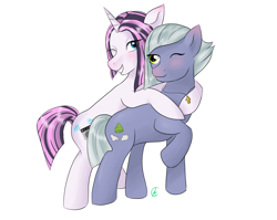 Size: 6025x4800 | Tagged: safe, artist:cynfularts, imported from derpibooru, limestone pie, oc, earth pony, unicorn, commission, commissions open, cross, horn, hug, jewelry, necklace, simple background, unicorn oc, white background