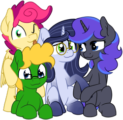 Size: 1630x1591 | Tagged: safe, artist:wallparty, imported from derpibooru, oc, oc only, oc:somasis, oc:wallparty, earth pony, pegasus, pony, unicorn, derpibooru community collaboration, 2021 community collab, :p, female, glasses, gradient hooves, holding hooves, looking at each other, looking at you, male, mare, one eye closed, simple background, stallion, tongue out, transparent background, wings, wink, winking at you