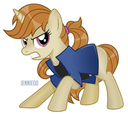 Size: 1200x1069 | Tagged: safe, artist:jennieoo, imported from derpibooru, oc, oc only, oc:gale springbreeze, pony, unicorn, angry, clothes, ponytail, shirt, show accurate, simple background, solo, teeth, transparent background
