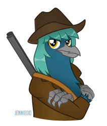 Size: 1017x1200 | Tagged: safe, artist:jennieoo, imported from derpibooru, oc, oc only, oc:cassius aquila, griffon, fallout equestria, clothes, coat, cowboy hat, einherjar, fallout, gun, hat, show accurate, simple background, solo, transparent background, weapon