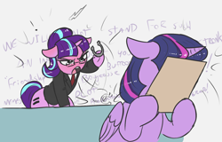 Size: 1540x988 | Tagged: safe, artist:t72b, imported from derpibooru, starlight glimmer, twilight sparkle, alicorn, pony, unicorn, angry, clipboard, clothes, communism, duo, duo female, equal cutie mark, facehoof, female, glasses, historical roleplay starlight, hoof hold, horseshoes, nikita khrushchev, s5 starlight, simple background, soviet union, stalin glimmer, suit, this will end in communism, twilight sparkle (alicorn), white background, yelling