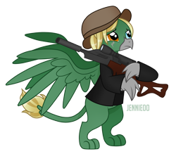 Size: 1200x1052 | Tagged: safe, artist:jennieoo, imported from derpibooru, oc, oc only, oc:arcturus aquila, griffon, gun, hat, heterochromia, scar, show accurate, simple background, solo, spread wings, transparent background, weapon, wings